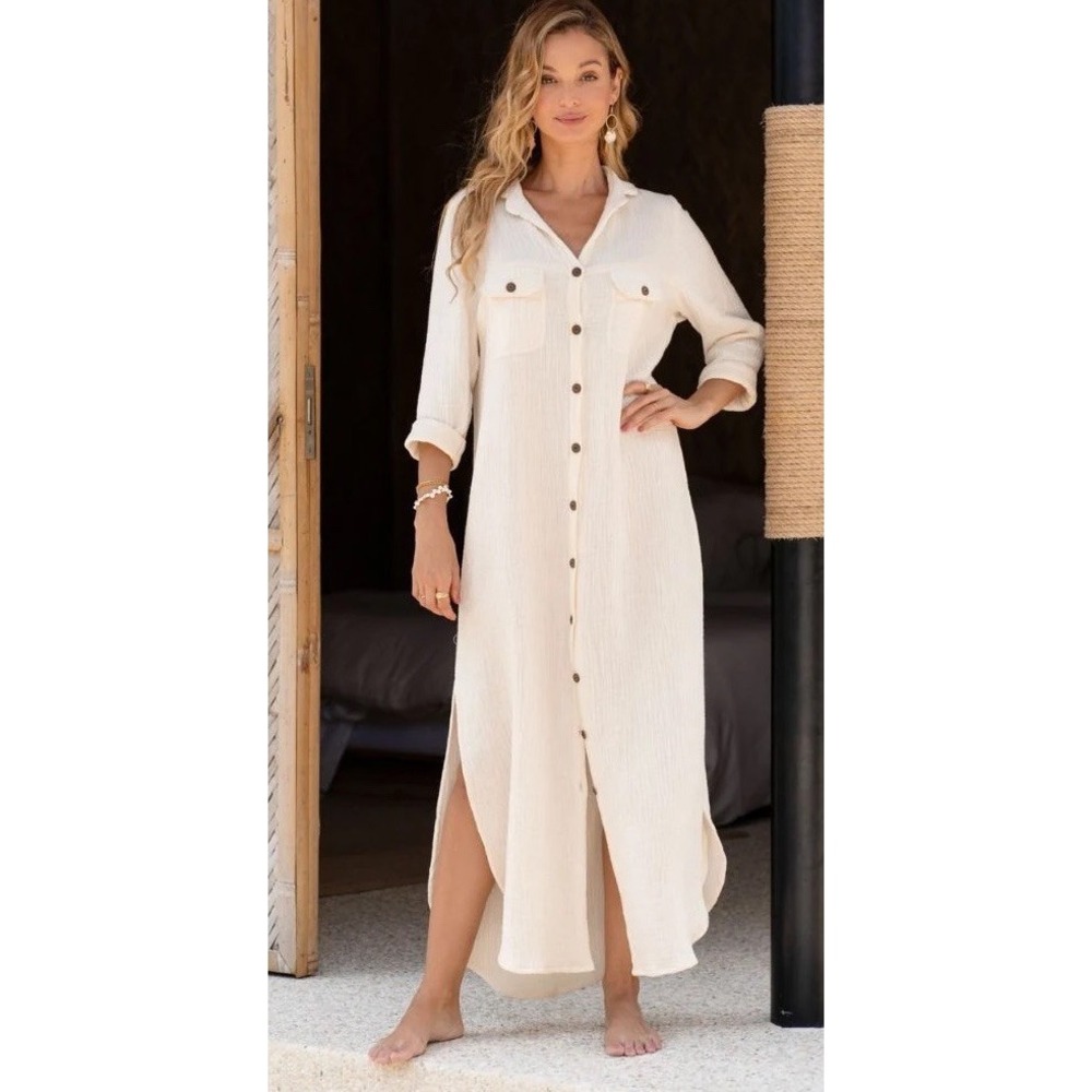 Nomad The Label Cream Linen Cotton Gauze Maxi Shirt Dress UK 16 US 12